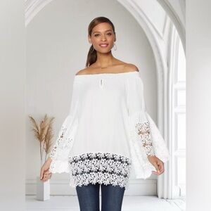 Colleen Lopez White Lace Bell Sleeve Off Shoulder Top 1X Holiday Boho